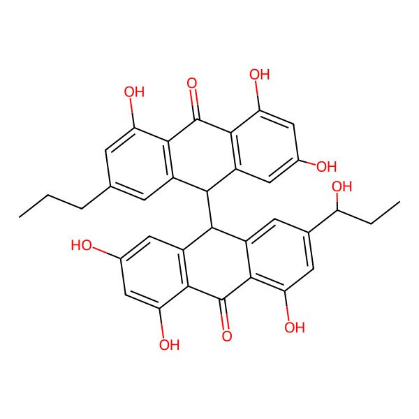 2D Structure of (10R)-1,3,8-trihydroxy-6-propyl-10-[(9S)-2,4,5-trihydroxy-7-[(1S)-1-hydroxypropyl]-10-oxo-9H-anthracen-9-yl]-10H-anthracen-9-one