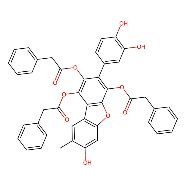 2D Structure of [3-(3,4-Dihydroxyphenyl)-7-hydroxy-8-methyl-1,2-bis[(2-phenylacetyl)oxy]dibenzofuran-4-yl] 2-phenylacetate