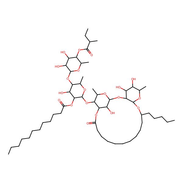 2D Structure of [5-[3,4-Dihydroxy-6-methyl-5-(2-methylbutanoyloxy)oxan-2-yl]oxy-4-hydroxy-6-methyl-2-[(4,5,26-trihydroxy-6,24-dimethyl-20-oxo-10-pentyl-2,7,9,21,25-pentaoxatricyclo[20.3.1.03,8]hexacosan-23-yl)oxy]oxan-3-yl] dodecanoate