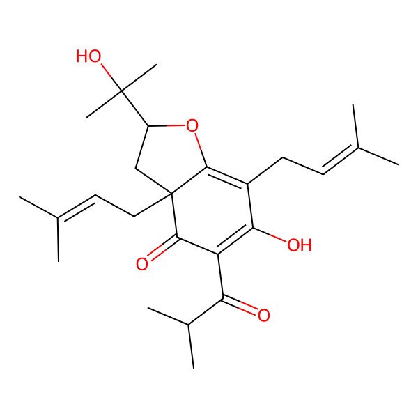 2D Structure of (2R,3aR)-6-hydroxy-2-(2-hydroxypropan-2-yl)-3a,7-bis(3-methylbut-2-enyl)-5-(2-methylpropanoyl)-2,3-dihydro-1-benzofuran-4-one 2D Structure of (2R,3aR)-6-hydroxy-2-(2-hydroxypropan-2-yl)-3a,7-bis(3-methylbut-2-enyl)-5-(2-methylpropanoyl)-2,3-dihydro-1-benzofuran-4-one
