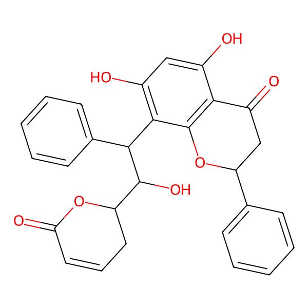 2D Structure of 5,7-Dihydroxy-8-[2-hydroxy-2-(6-oxo-2,3-dihydropyran-2-yl)-1-phenylethyl]-2-phenyl-2,3-dihydrochromen-4-one