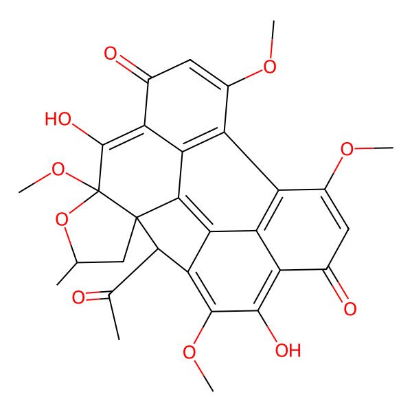 2D Structure of 2-Acetyl-5,20-dihydroxy-4,9,16,21-tetramethoxy-23-methyl-22-oxaheptacyclo[11.11.0.01,21.03,12.06,11.010,15.014,19]tetracosa-3(12),4,6(11),8,10(15),13,16,19-octaene-7,18-dione