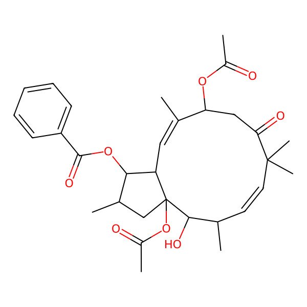 2D Structure of (3a,11-Diacetyloxy-4-hydroxy-2,5,8,8,12-pentamethyl-9-oxo-1,2,3,4,5,10,11,13a-octahydrocyclopenta[12]annulen-1-yl) benzoate