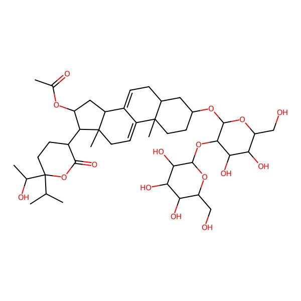 2D Structure of [(3S,5S,10S,13S,14R,16S,17R)-3-[(2R,3R,4S,5S,6R)-4,5-dihydroxy-6-(hydroxymethyl)-3-[(2S,3R,4S,5R,6R)-3,4,5-trihydroxy-6-(hydroxymethyl)oxan-2-yl]oxyoxan-2-yl]oxy-17-[(3R,6R)-6-[(1R)-1-hydroxyethyl]-2-oxo-6-propan-2-yloxan-3-yl]-10,13-dimethyl-2,3,4,5,6,12,14,15,16,17-decahydro-1H-cyclopenta[a]phenanthren-16-yl] acetate