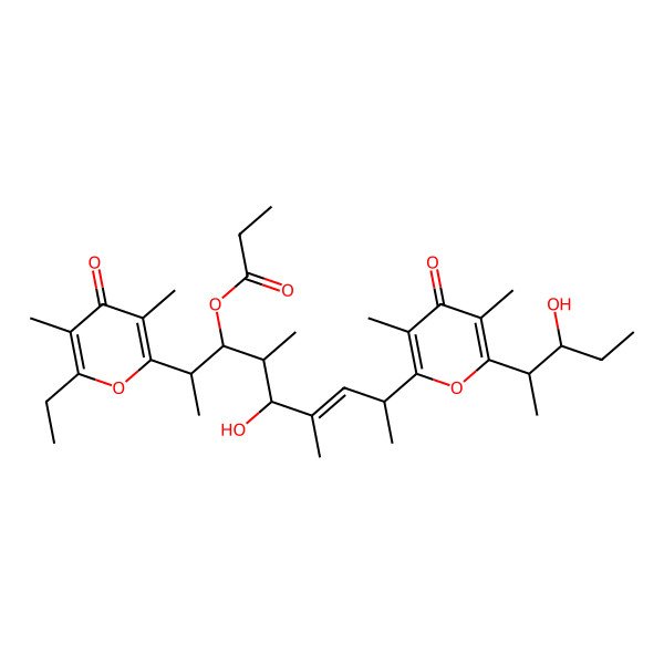 2D Structure of [(E,2R,3R,4S,5S,8R)-2-(6-ethyl-3,5-dimethyl-4-oxopyran-2-yl)-5-hydroxy-8-[6-[(2S,3S)-3-hydroxypentan-2-yl]-3,5-dimethyl-4-oxopyran-2-yl]-4,6-dimethylnon-6-en-3-yl] propanoate