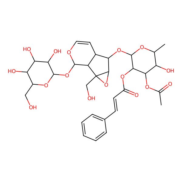 2D Structure of [(2S,3R,4R,5S,6S)-4-acetyloxy-5-hydroxy-2-[[(1R,2S,4S,5S,6S,10S)-2-(hydroxymethyl)-10-[(2S,3R,4S,5S,6R)-3,4,5-trihydroxy-6-(hydroxymethyl)oxan-2-yl]oxy-3,9-dioxatricyclo[4.4.0.02,4]dec-7-en-5-yl]oxy]-6-methyloxan-3-yl] (E)-3-phenylprop-2-enoate