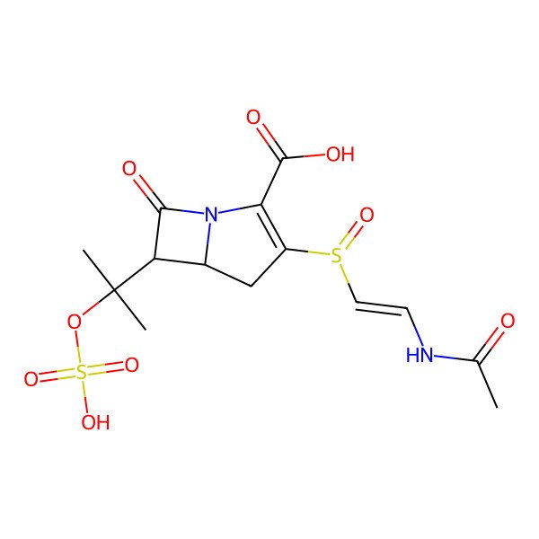 2D Structure of (5R,6R)-3-[(E)-2-acetamidoethenyl]sulinyl-7-oxo-6-(2-sulooxypropan-2-yl)-1-azabicyclo[3.2.0]hept-2-ene-2-carboxylic acid