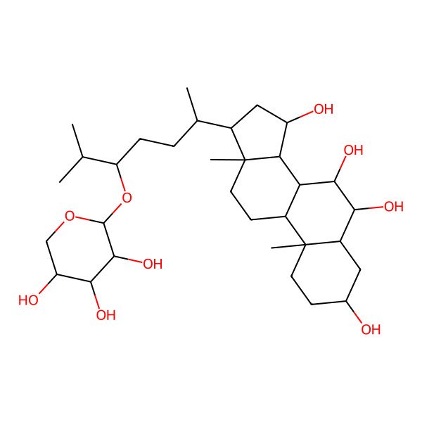 2D Structure of (3S,5S,6R,7S,8S,9S,10R,13R,14S,15R,17R)-10,13-dimethyl-17-[(2R,5S)-6-methyl-5-[(2S,3R,4S,5R)-3,4,5-trihydroxyoxan-2-yl]oxyheptan-2-yl]-2,3,4,5,6,7,8,9,11,12,14,15,16,17-tetradecahydro-1H-cyclopenta[a]phenanthrene-3,6,7,15-tetrol