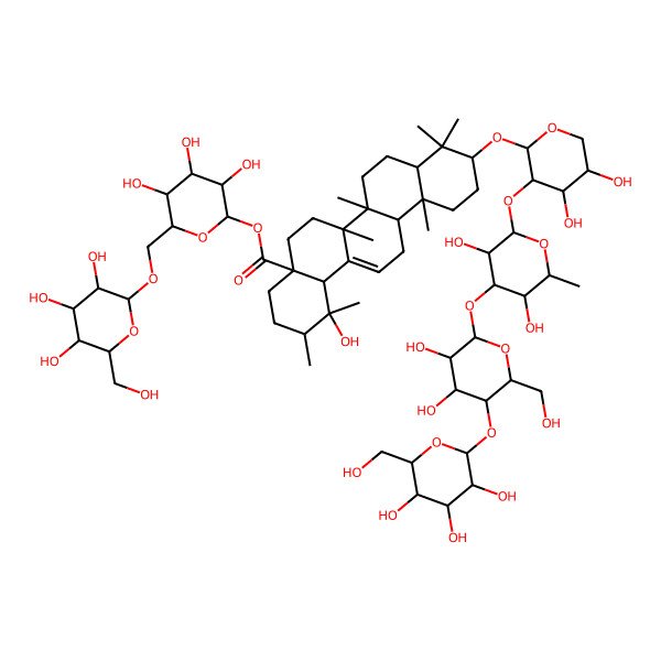 2D Structure of [(2S,3R,4S,5S,6R)-3,4,5-trihydroxy-6-[[(2S,3R,4S,5S,6R)-3,4,5-trihydroxy-6-(hydroxymethyl)oxan-2-yl]oxymethyl]oxan-2-yl] (1R,2R,4aS,6aR,6aS,6bR,8aR,10S,12aR,14bS)-10-[(2S,3S,4R,5R)-3-[(2S,3R,4R,5S,6S)-4-[(2S,3R,4R,5S,6R)-3,4-dihydroxy-6-(hydroxymethyl)-5-[(2S,3R,4S,5S,6R)-3,4,5-trihydroxy-6-(hydroxymethyl)oxan-2-yl]oxyoxan-2-yl]oxy-3,5-dihydroxy-6-methyloxan-2-yl]oxy-4,5-dihydroxyoxan-2-yl]oxy-1-hydroxy-1,2,6a,6b,9,9,12a-heptamethyl-2,3,4,5,6,6a,7,8,8a,10,11,12,13,14b-tetradecahydropicene-4a-carboxylate