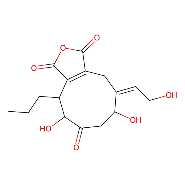2D Structure of (4R,5R,8R,9E)-5,8-dihydroxy-9-(2-hydroxyethylidene)-4-propyl-5,7,8,10-tetrahydro-4H-cyclonona[c]furan-1,3,6-trione
