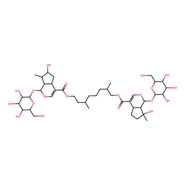2D Structure of [(2S,6R)-8-[(1S,4aS,6S,7S,7aS)-6-hydroxy-7-methyl-1-[(2S,3R,4S,5S,6R)-3,4,5-trihydroxy-6-(hydroxymethyl)oxan-2-yl]oxy-1,4a,5,6,7,7a-hexahydrocyclopenta[c]pyran-4-carbonyl]oxy-2,6-dimethyloctyl] (1S,4aS,7S,7aS)-7-hydroxy-7-methyl-1-[(2S,3R,4S,5S,6R)-3,4,5-trihydroxy-6-(hydroxymethyl)oxan-2-yl]oxy-4a,5,6,7a-tetrahydro-1H-cyclopenta[c]pyran-4-carboxylate