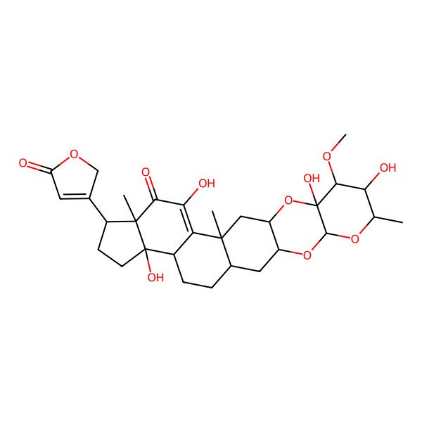 2D Structure of 8,10,16,22-tetrahydroxy-9-methoxy-7,14,18-trimethyl-19-(5-oxo-2H-furan-3-yl)-4,6,11-trioxahexacyclo[12.11.0.03,12.05,10.015,23.018,22]pentacos-15-en-17-one
