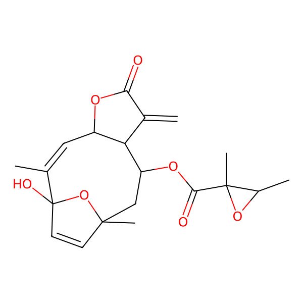 2D Structure of (1-Hydroxy-2,11-dimethyl-7-methylidene-6-oxo-5,14-dioxatricyclo[9.2.1.04,8]tetradeca-2,12-dien-9-yl) 2,3-dimethyloxirane-2-carboxylate