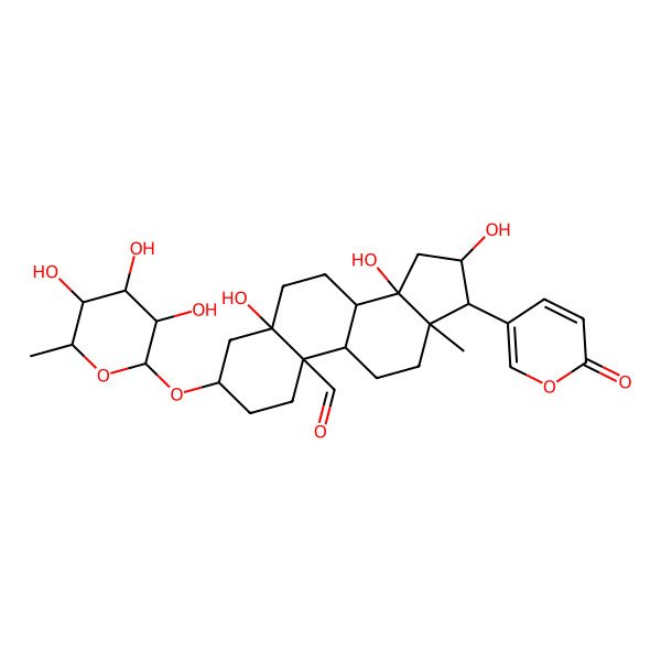 2D Structure of (3S,5S,8R,9S,10S,13R,14S,16S,17R)-5,14,16-trihydroxy-13-methyl-17-(6-oxopyran-3-yl)-3-[(2R,3R,4R,5R,6S)-3,4,5-trihydroxy-6-methyloxan-2-yl]oxy-2,3,4,6,7,8,9,11,12,15,16,17-dodecahydro-1H-cyclopenta[a]phenanthrene-10-carbaldehyde