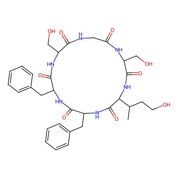 2D Structure of (3S,6R,12S,15S)-6,9-dibenzyl-12-[(2S)-4-hydroxybutan-2-yl]-3,15-bis(hydroxymethyl)-1,4,7,10,13,16-hexazacyclooctadecane-2,5,8,11,14,17-hexone
