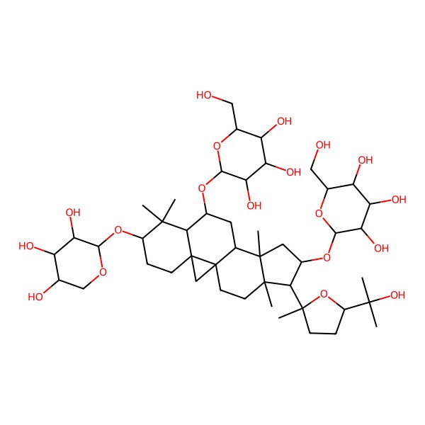 2D Structure of (2R,3S,4S,5R,6R)-2-(hydroxymethyl)-6-[[(1S,3R,6S,8R,9S,11S,12S,14S,15R,16R)-15-[(2S,5R)-5-(2-hydroxypropan-2-yl)-2-methyloxolan-2-yl]-7,7,12,16-tetramethyl-14-[(2R,3R,4S,5S,6R)-3,4,5-trihydroxy-6-(hydroxymethyl)oxan-2-yl]oxy-6-[(2S,3R,4S,5R)-3,4,5-trihydroxyoxan-2-yl]oxy-9-pentacyclo[9.7.0.01,3.03,8.012,16]octadecanyl]oxy]oxane-3,4,5-triol
