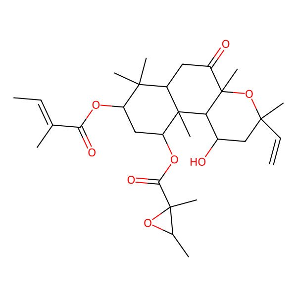 2D Structure of [3-Ethenyl-1-hydroxy-3,4a,7,7,10a-pentamethyl-8-(2-methylbut-2-enoyloxy)-5-oxo-1,2,6,6a,8,9,10,10b-octahydrobenzo[f]chromen-10-yl] 2,3-dimethyloxirane-2-carboxylate