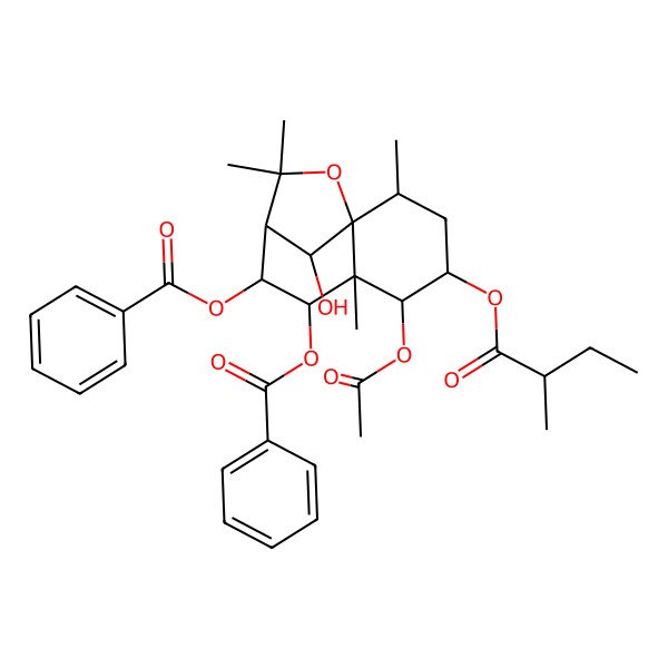 2D Structure of [(1S,2R,4S,5R,6S,7R,8R,9S,12R)-5-acetyloxy-7-benzoyloxy-12-hydroxy-2,6,10,10-tetramethyl-4-[(2R)-2-methylbutanoyl]oxy-11-oxatricyclo[7.2.1.01,6]dodecan-8-yl] benzoate
