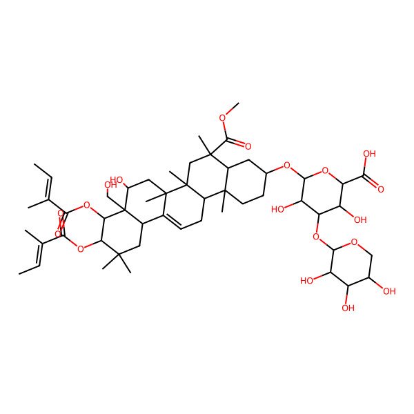 2D Structure of 3,5-Dihydroxy-6-[[8-hydroxy-8a-(hydroxymethyl)-5-methoxycarbonyl-5,6a,6b,11,11,14b-hexamethyl-9,10-bis(2-methylbut-2-enoyloxy)-1,2,3,4,4a,6,7,8,9,10,12,12a,14,14a-tetradecahydropicen-3-yl]oxy]-4-(3,4,5-trihydroxyoxan-2-yl)oxyoxane-2-carboxylic acid