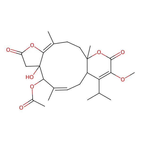 2D Structure of [(1S,4E,9S,10R,11Z,14R)-9-hydroxy-16-methoxy-1,4,11-trimethyl-7,17-dioxo-15-propan-2-yl-6,18-dioxatricyclo[12.4.0.05,9]octadeca-4,11,15-trien-10-yl] acetate