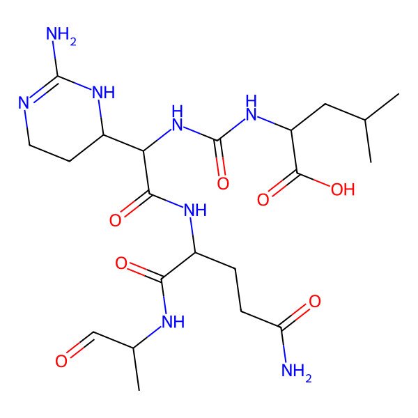 2D Structure of 2-[[2-[[4-Amino-1-[(1-methyl-2-oxo-ethyl)carbamoyl]-4-oxo-butyl]amino]-1-(2-amino-1,4,5,6-tetrahydropyrimidin-6-yl)-2-oxo-ethyl]carbamoylamino]-4-methyl-pentanoic acid