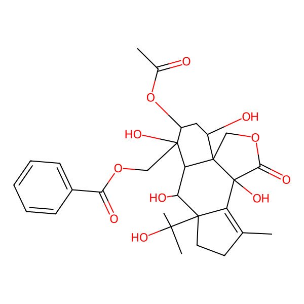 2D Structure of [14-Acetyloxy-5,11,13,16-tetrahydroxy-10-(2-hydroxypropan-2-yl)-7-methyl-4-oxo-3-oxatetracyclo[10.4.0.01,5.06,10]hexadec-6-en-13-yl]methyl benzoate