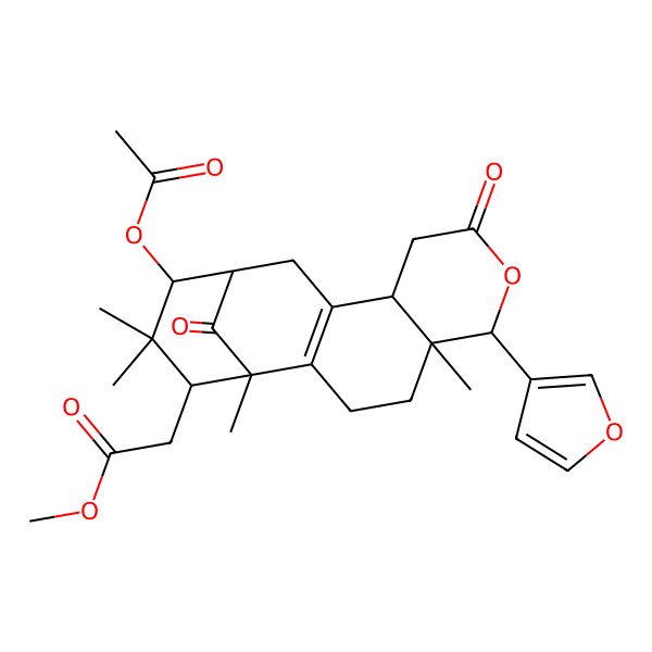 2D Structure of methyl 2-[(1S,5R,6R,10R,13S,14R,16S)-14-acetyloxy-6-(furan-3-yl)-1,5,15,15-tetramethyl-8,17-dioxo-7-oxatetracyclo[11.3.1.02,11.05,10]heptadec-2(11)-en-16-yl]acetate