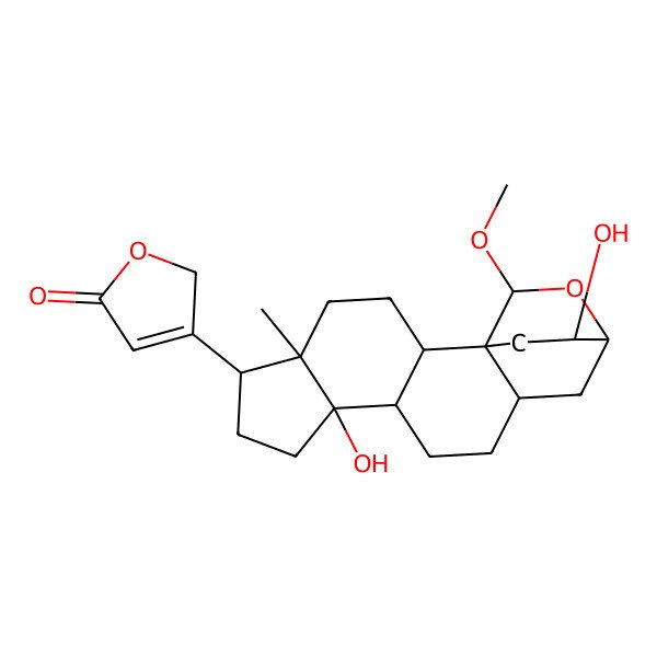 2D Structure of 3-[(1R,2S,5R,6R,9S,10R,13S,15R,17S,19R)-9,19-dihydroxy-17-methoxy-5-methyl-16-oxapentacyclo[13.2.2.01,13.02,10.05,9]nonadecan-6-yl]-2H-furan-5-one