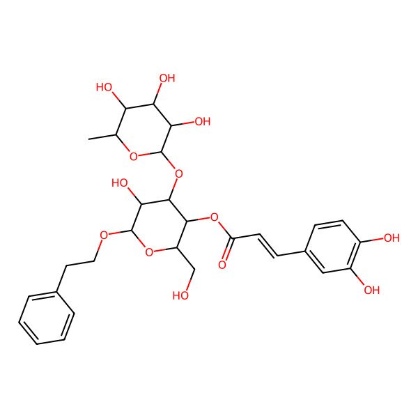 2D Structure of [5-Hydroxy-2-(hydroxymethyl)-6-(2-phenylethoxy)-4-(3,4,5-trihydroxy-6-methyloxan-2-yl)oxyoxan-3-yl] 3-(3,4-dihydroxyphenyl)prop-2-enoate