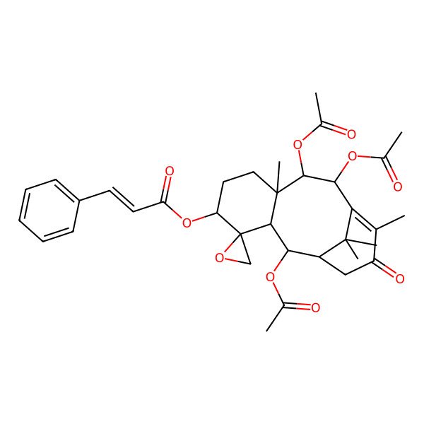2D Structure of [(1'R,2S,2'R,3'R,5'S,8'R,9'R,10'R)-2',9',10'-triacetyloxy-8',12',15',15'-tetramethyl-13'-oxospiro[oxirane-2,4'-tricyclo[9.3.1.03,8]pentadec-11-ene]-5'-yl] (E)-3-phenylprop-2-enoate