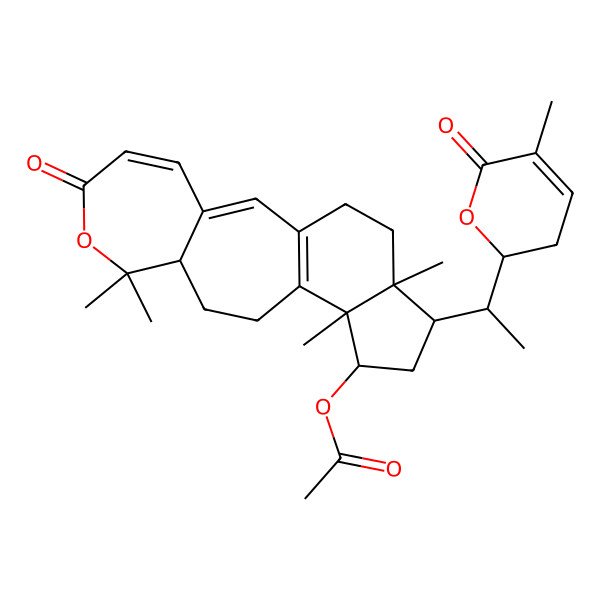 2D Structure of [(9R,13R,14R,17R)-8,8,13,17-tetramethyl-16-[(1S)-1-[(2R)-5-methyl-6-oxo-2,3-dihydropyran-2-yl]ethyl]-6-oxo-7-oxatetracyclo[10.7.0.03,9.013,17]nonadeca-1(12),2,4-trien-14-yl] acetate