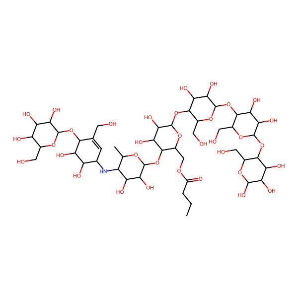 2D Structure of [(2R,3S,4R,5R,6R)-3-[(2R,3R,4S,5S,6R)-5-[[(1S,4R,5R,6S)-5,6-dihydroxy-3-(hydroxymethyl)-4-[(2S,3R,4S,5R,6R)-3,4,5-trihydroxy-6-(hydroxymethyl)oxan-2-yl]oxycyclohex-2-en-1-yl]amino]-3,4-dihydroxy-6-methyloxan-2-yl]oxy-6-[(2R,3S,4R,5R,6R)-6-[(2R,3S,4R,5R,6R)-4,5-dihydroxy-2-(hydroxymethyl)-6-[(2R,3S,4R,5R,6S)-4,5,6-trihydroxy-2-(hydroxymethyl)oxan-3-yl]oxyoxan-3-yl]oxy-4,5-dihydroxy-2-(hydroxymethyl)oxan-3-yl]oxy-4,5-dihydroxyoxan-2-yl]methyl butanoate