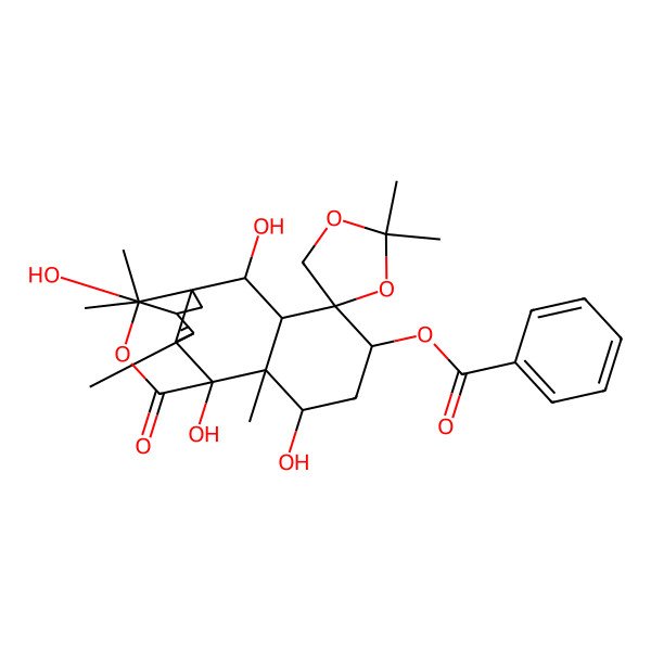 2D Structure of (2',7',9',12'-Tetrahydroxy-2,2,8',11',14',14'-hexamethyl-16'-oxospiro[1,3-dioxolane-4,4'-15-oxatetracyclo[7.4.3.01,10.03,8]hexadec-10-ene]-5'-yl) benzoate