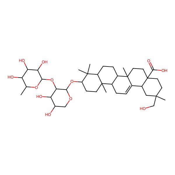2D Structure of (2R,4aR,6aS,6aS,6bR,8aR,10S,12aR,14bS)-10-[(2S,3R,4S,5S)-4,5-dihydroxy-3-[(2S,3R,4R,5R,6S)-3,4,5-trihydroxy-6-methyloxan-2-yl]oxyoxan-2-yl]oxy-2-(hydroxymethyl)-2,6a,9,9,12a-pentamethyl-3,4,5,6,6a,6b,7,8,8a,10,11,12,13,14b-tetradecahydro-1H-picene-4a-carboxylic acid