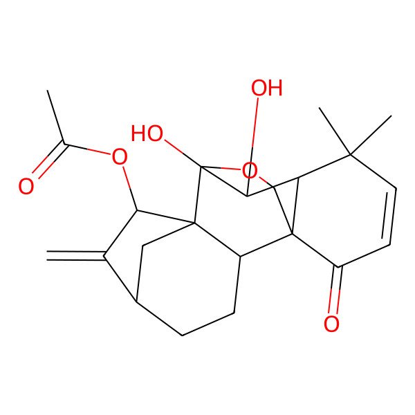 2D Structure of (9,10-Dihydroxy-12,12-dimethyl-6-methylidene-15-oxo-17-oxapentacyclo[7.6.2.15,8.01,11.02,8]octadec-13-en-7-yl) acetate