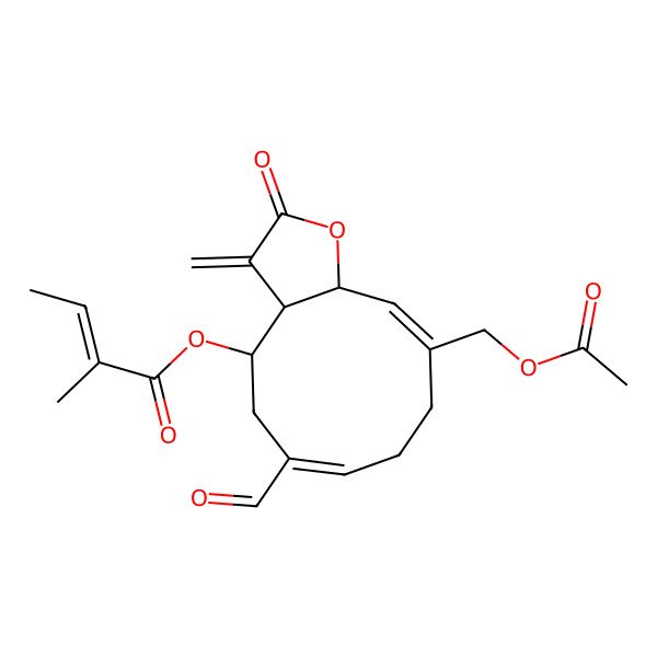 2D Structure of [10-(Acetyloxymethyl)-6-formyl-3-methylidene-2-oxo-3a,4,5,8,9,11a-hexahydrocyclodeca[b]furan-4-yl] 2-methylbut-2-enoate