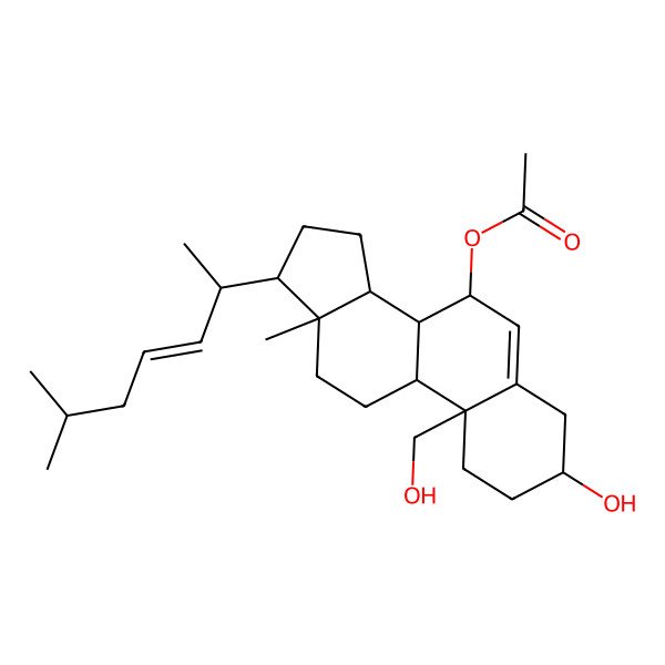 2D Structure of [3-hydroxy-10-(hydroxymethyl)-13-methyl-17-(6-methylhept-3-en-2-yl)-2,3,4,7,8,9,11,12,14,15,16,17-dodecahydro-1H-cyclopenta[a]phenanthren-7-yl] acetate