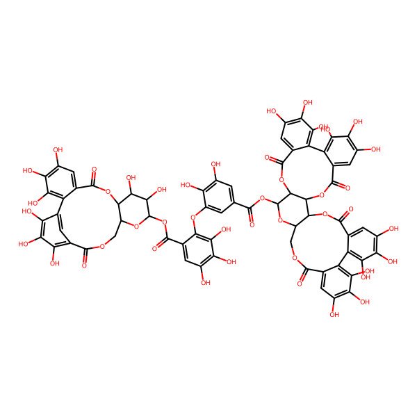 2D Structure of (3,4,5,11,12,20,21,22-Octahydroxy-8,18-dioxo-9,14,17-trioxatetracyclo[17.3.1.02,7.010,15]tricosa-1(23),2,4,6,19,21-hexaen-13-yl) 2-[5-[(7,8,9,12,13,14,28,29,30,33,34,35-dodecahydroxy-4,17,25,38-tetraoxo-3,18,21,24,39-pentaoxaheptacyclo[20.17.0.02,19.05,10.011,16.026,31.032,37]nonatriaconta-5,7,9,11,13,15,26,28,30,32,34,36-dodecaen-20-yl)oxycarbonyl]-2,3-dihydroxyphenoxy]-3,4,5-trihydroxybenzoate