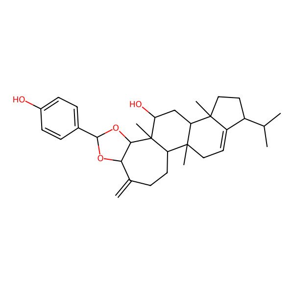 2D Structure of 16-(4-Hydroxyphenyl)-2,9,13-trimethyl-19-methylidene-6-propan-2-yl-15,17-dioxapentacyclo[11.8.0.02,10.05,9.014,18]henicos-4-en-12-ol