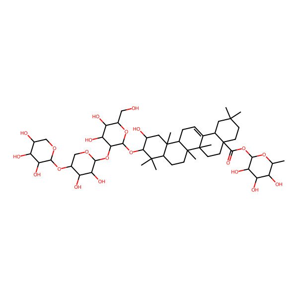 2D Structure of (3,4,5-Trihydroxy-6-methyloxan-2-yl) 10-[3-[3,4-dihydroxy-5-(3,4,5-trihydroxyoxan-2-yl)oxyoxan-2-yl]oxy-4,5-dihydroxy-6-(hydroxymethyl)oxan-2-yl]oxy-11-hydroxy-2,2,6a,6b,9,9,12a-heptamethyl-1,3,4,5,6,6a,7,8,8a,10,11,12,13,14b-tetradecahydropicene-4a-carboxylate