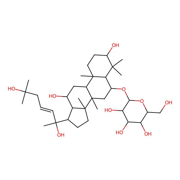 2D Structure of (2R,3R,4R,5R,6S)-2-[[(3S,5R,6S,8R,9S,10S,12R,13R,14R,17S)-17-[(E,2R)-2,6-dihydroxy-6-methylhept-3-en-2-yl]-3,12-dihydroxy-4,4,8,10,14-pentamethyl-2,3,5,6,7,9,11,12,13,15,16,17-dodecahydro-1H-cyclopenta[a]phenanthren-6-yl]oxy]-6-(hydroxymethyl)oxane-3,4,5-triol