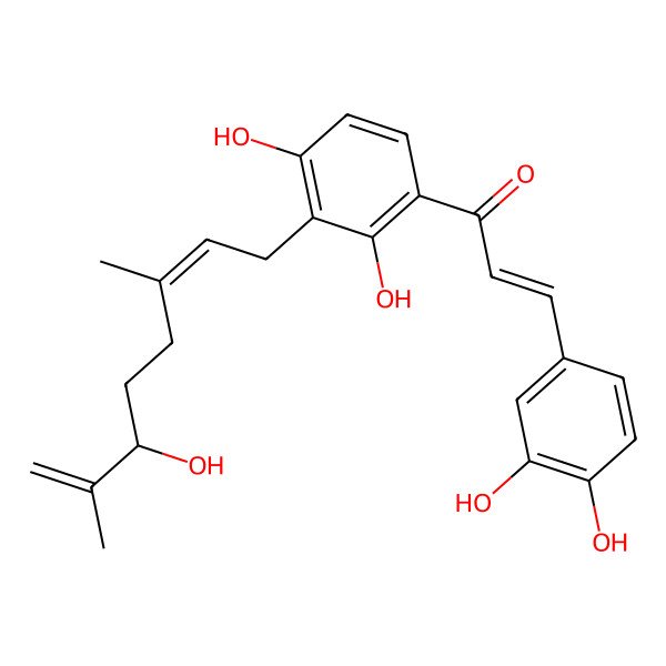 2D Structure of (E)-1-[2,4-dihydroxy-3-[(2E,6R)-6-hydroxy-3,7-dimethylocta-2,7-dienyl]phenyl]-3-(3,4-dihydroxyphenyl)prop-2-en-1-one