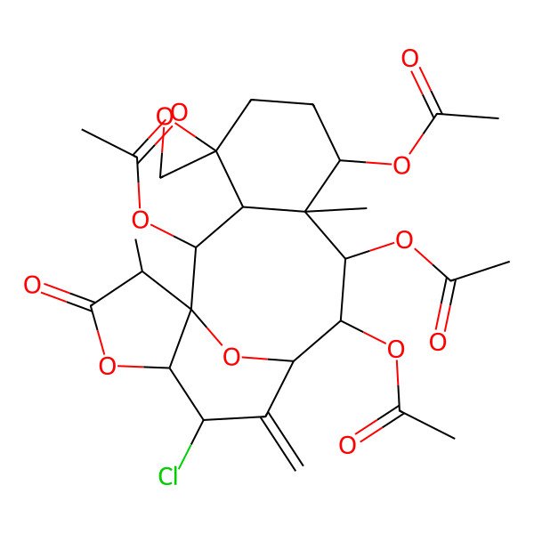 2D Structure of [(1R,2S,3S,4R,7S,8R,9R,10S,11S,13S,14R,17R)-2,9,10-Triacetyloxy-13-chloro-8,17-dimethyl-12-methylidene-16-oxospiro[15,18-dioxatetracyclo[9.6.1.01,14.03,8]octadecane-4,2'-oxirane]-7-yl] acetate