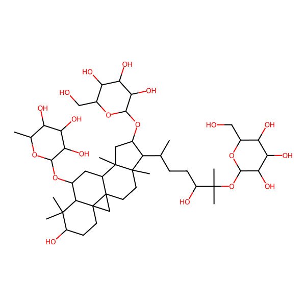 2D Structure of 2-[[6-Hydroxy-15-[5-hydroxy-6-methyl-6-[3,4,5-trihydroxy-6-(hydroxymethyl)oxan-2-yl]oxyheptan-2-yl]-7,7,12,16-tetramethyl-14-[3,4,5-trihydroxy-6-(hydroxymethyl)oxan-2-yl]oxy-9-pentacyclo[9.7.0.01,3.03,8.012,16]octadecanyl]oxy]-6-methyloxane-3,4,5-triol