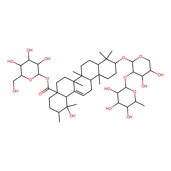 2D Structure of [(2S,3R,4S,5S,6R)-3,4,5-trihydroxy-6-(hydroxymethyl)oxan-2-yl] (1R,2S,4aS,6aR,6aS,6bR,8aR,10S,12aR,14bS)-10-[(2S,3R,4S,5S)-4,5-dihydroxy-3-[(2S,3R,4R,5R,6S)-3,4,5-trihydroxy-6-methyloxan-2-yl]oxyoxan-2-yl]oxy-1-hydroxy-1,2,6a,6b,9,9,12a-heptamethyl-2,3,4,5,6,6a,7,8,8a,10,11,12,13,14b-tetradecahydropicene-4a-carboxylate
