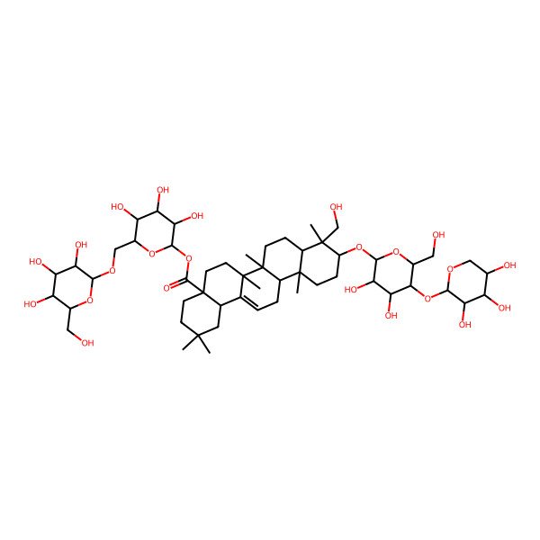2D Structure of [3,4,5-Trihydroxy-6-[[3,4,5-trihydroxy-6-(hydroxymethyl)oxan-2-yl]oxymethyl]oxan-2-yl] 10-[3,4-dihydroxy-6-(hydroxymethyl)-5-(3,4,5-trihydroxyoxan-2-yl)oxyoxan-2-yl]oxy-9-(hydroxymethyl)-2,2,6a,6b,9,12a-hexamethyl-1,3,4,5,6,6a,7,8,8a,10,11,12,13,14b-tetradecahydropicene-4a-carboxylate