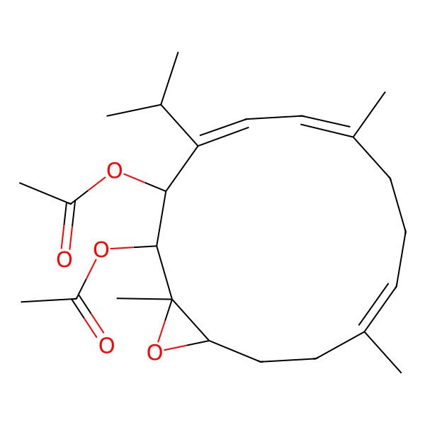2D Structure of [(1R,2S,3R,10E,14S)-2-acetyloxy-1,7,11-trimethyl-4-propan-2-yl-15-oxabicyclo[12.1.0]pentadeca-4,6,10-trien-3-yl] acetate