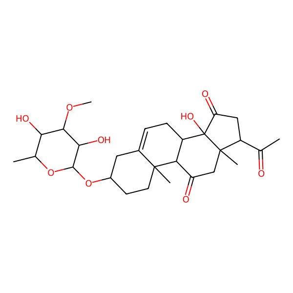 2D Structure of (3S,8R,9S,10R,13R,14S,17S)-17-acetyl-3-[(2R,3R,4S,5S,6R)-3,5-dihydroxy-4-methoxy-6-methyloxan-2-yl]oxy-14-hydroxy-10,13-dimethyl-1,2,3,4,7,8,9,12,16,17-decahydrocyclopenta[a]phenanthrene-11,15-dione