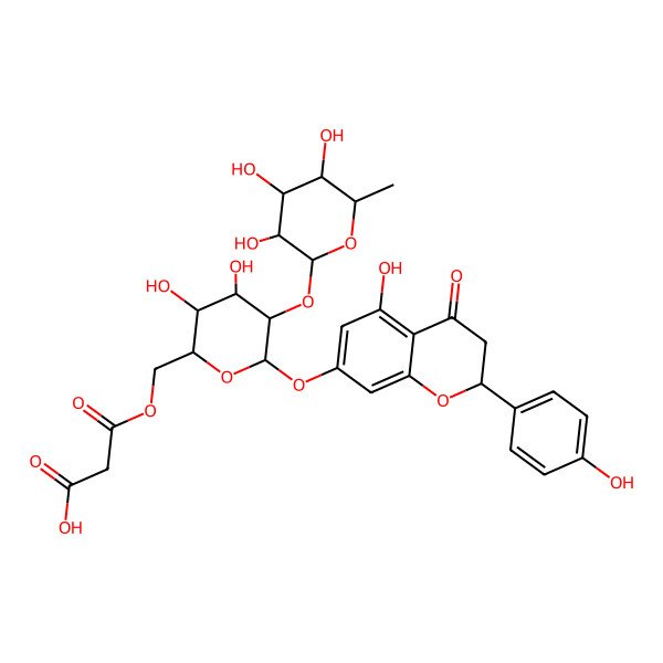 2D Structure of 3-[[(2R,3S,4S,5R,6S)-3,4-dihydroxy-6-[[(2S)-5-hydroxy-2-(4-hydroxyphenyl)-4-oxo-2,3-dihydrochromen-7-yl]oxy]-5-[(2S,3R,4R,5R,6S)-3,4,5-trihydroxy-6-methyloxan-2-yl]oxyoxan-2-yl]methoxy]-3-oxopropanoic acid