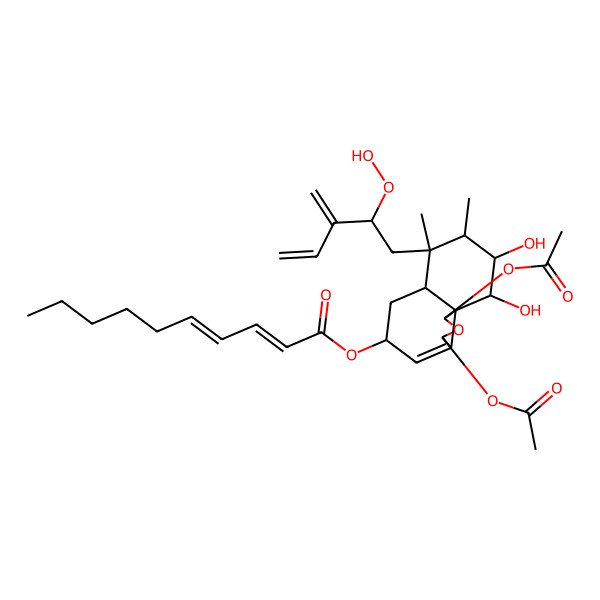 2D Structure of [(1S,3R,5R,6aS,7S,8S,9R,10S,10aS)-1,3-diacetyloxy-7-[(2R)-2-hydroperoxy-3-methylidenepent-4-enyl]-9,10-dihydroxy-7,8-dimethyl-1,3,5,6,6a,8,9,10-octahydrobenzo[d][2]benzofuran-5-yl] (2Z,4E)-deca-2,4-dienoate